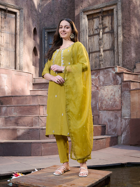 Stylum Women's Mustard Embroidered Silk Straight Kurta Pant Dupatta Set (KPDMUSTMANKU)