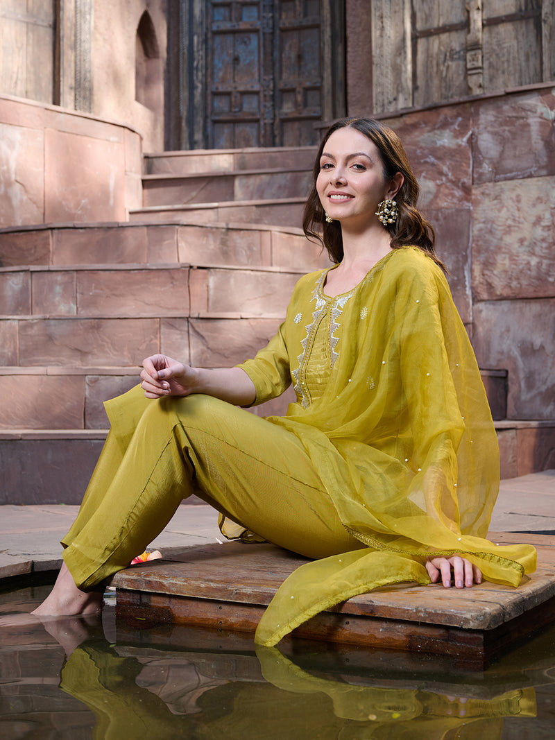 Stylum Women's Mustard Embroidered Silk Straight Kurta Pant Dupatta Set (KPDMUSTMANKU)