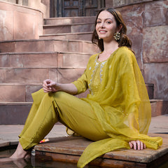 Stylum Women's Mustard Embroidered Silk Straight Kurta Pant Dupatta Set (KPDMUSTMANKU)