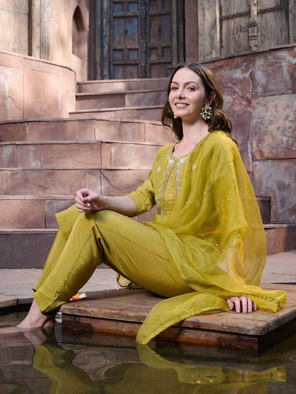 Stylum Women's Mustard Embroidered Silk Straight Kurta Pant Dupatta Set (KPDMUSTMANKU)