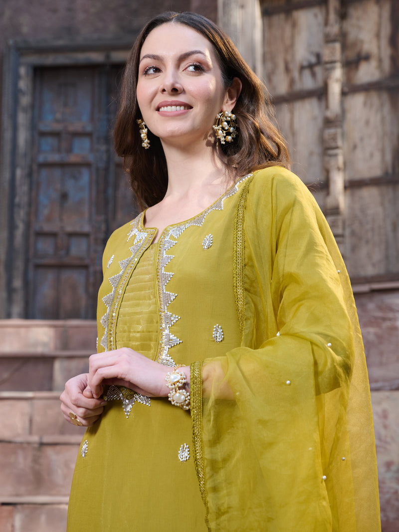 Stylum Women's Mustard Embroidered Silk Straight Kurta Pant Dupatta Set (KPDMUSTMANKU)