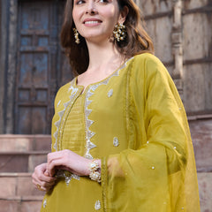 Stylum Women's Mustard Embroidered Silk Straight Kurta Pant Dupatta Set (KPDMUSTMANKU)
