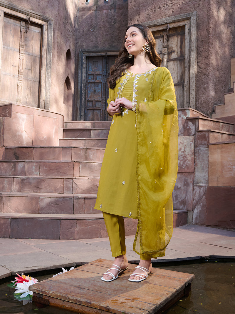 Stylum Women's Mustard Embroidered Silk Straight Kurta Pant Dupatta Set (KPDMUSTMANKU)