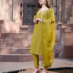 Stylum Women's Mustard Embroidered Silk Straight Kurta Pant Dupatta Set (KPDMUSTMANKU)