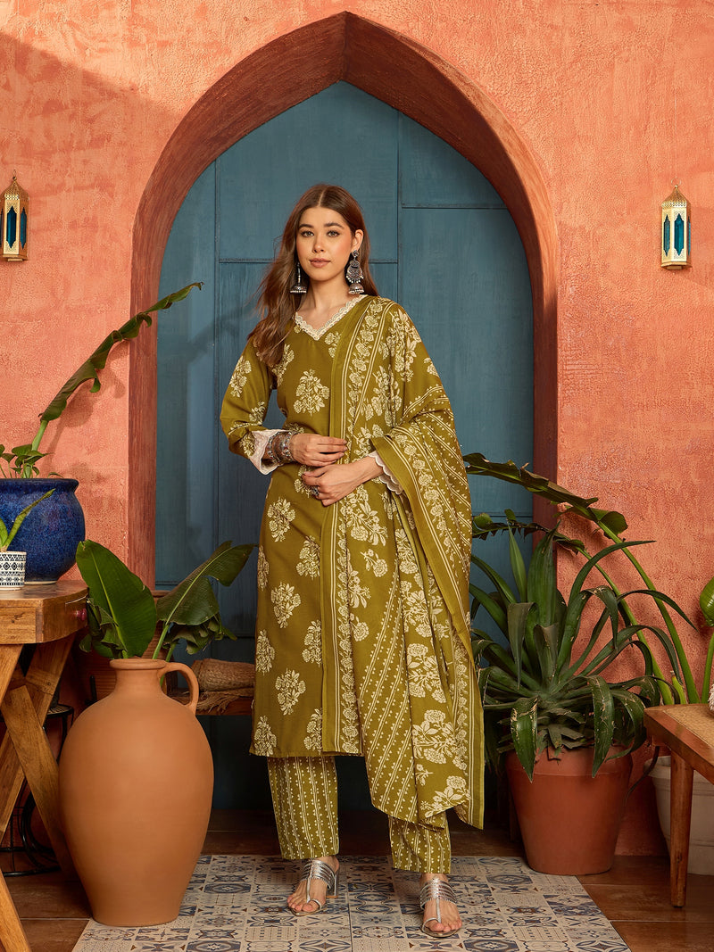 Stylum Women's Mustard Floral Printed Cotton Blend Straight Kurta Pant Dupatta Set (KPDMUSTMULTAN)