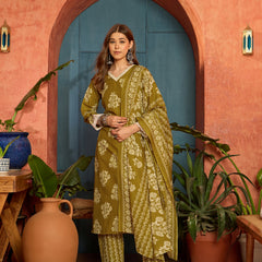 Stylum Women's Mustard Floral Printed Cotton Blend Straight Kurta Pant Dupatta Set (KPDMUSTMULTAN)