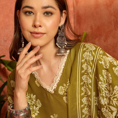 Stylum Women's Mustard Floral Printed Cotton Blend Straight Kurta Pant Dupatta Set (KPDMUSTMULTAN)