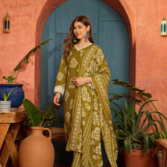 Stylum Women's Mustard Floral Printed Cotton Blend Straight Kurta Pant Dupatta Set (KPDMUSTMULTAN)