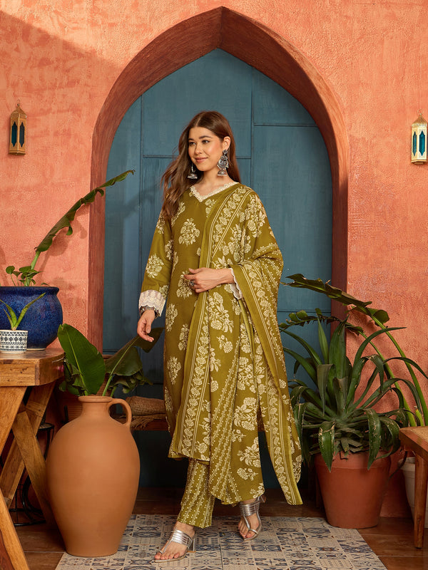 Stylum Women's Mustard Floral Printed Cotton Blend Straight Kurta Pant Dupatta Set (KPDMUSTMULTAN)