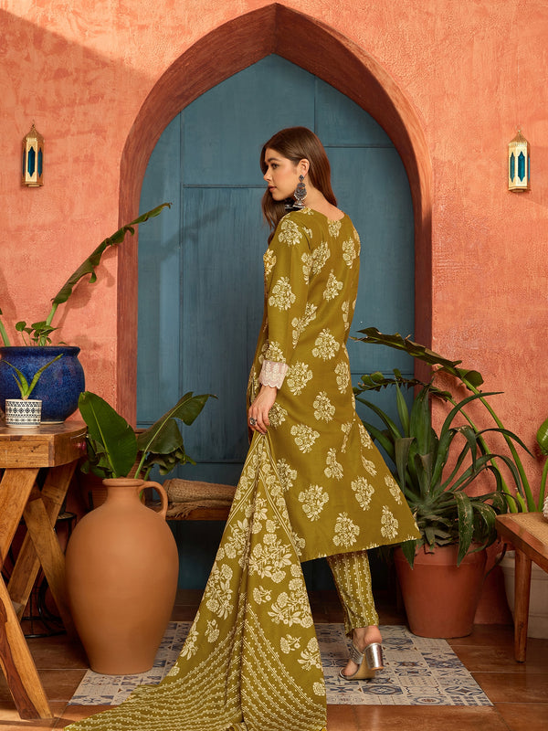 Stylum Women's Mustard Floral Printed Cotton Blend Straight Kurta Pant Dupatta Set (KPDMUSTMULTAN)