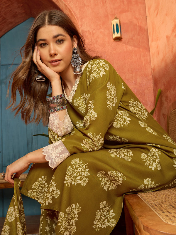 Stylum Women's Mustard Floral Printed Cotton Blend Straight Kurta Pant Dupatta Set (KPDMUSTMULTAN)