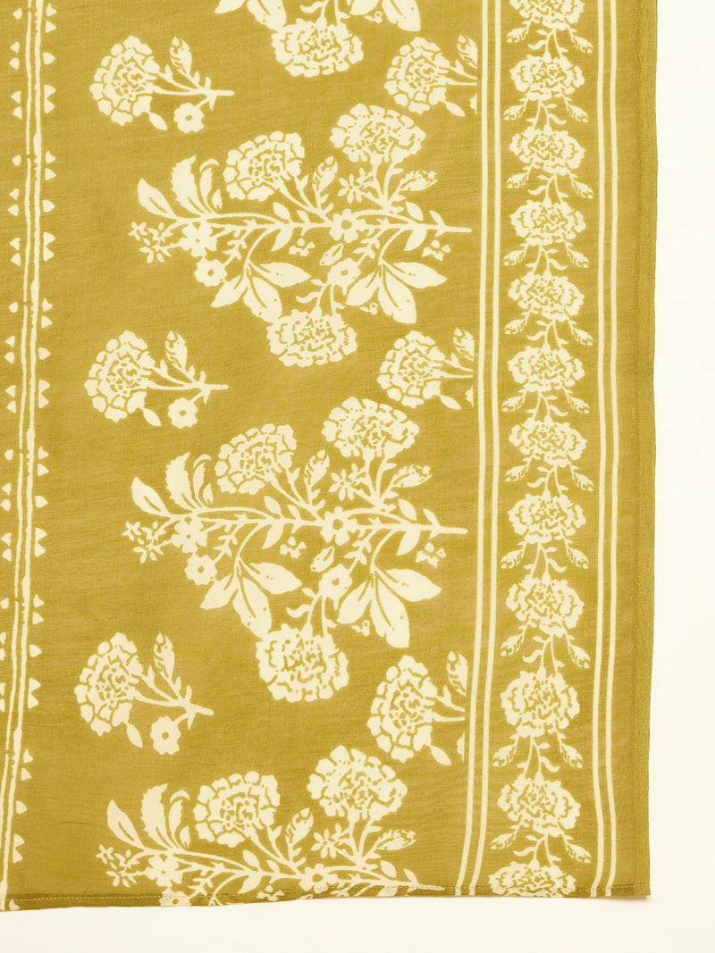 Stylum Women's Mustard Floral Printed Cotton Blend Straight Kurta Pant Dupatta Set (KPDMUSTMULTAN)