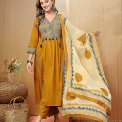 Stylum Women's Mustard Solid Cotton Straight Kurta Pant Dupatta Set (KPDMUSTPANNA)