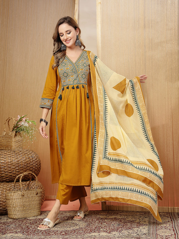 Stylum Women's Mustard Solid Cotton Straight Kurta Pant Dupatta Set (KPDMUSTPANNA)