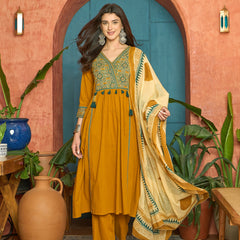 Stylum Women's Mustard Solid Cotton Straight Kurta Pant Dupatta Set (KPDMUSTPANNA)