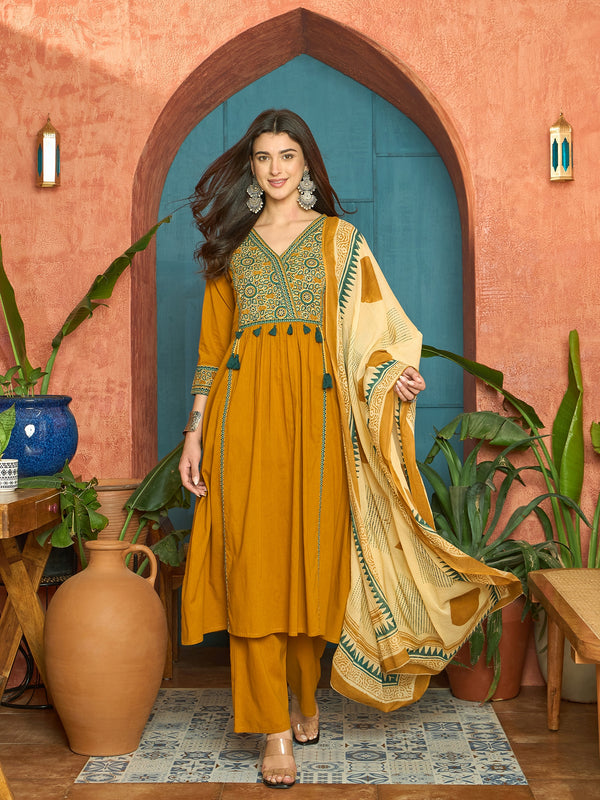 Stylum Women's Mustard Solid Cotton Straight Kurta Pant Dupatta Set (KPDMUSTPANNA)