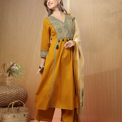 Stylum Women's Mustard Solid Cotton Straight Kurta Pant Dupatta Set (KPDMUSTPANNA)