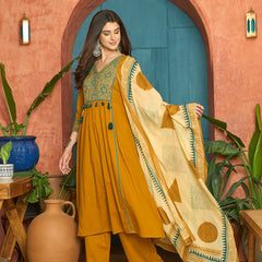 Stylum Women's Mustard Solid Cotton Straight Kurta Pant Dupatta Set (KPDMUSTPANNA)