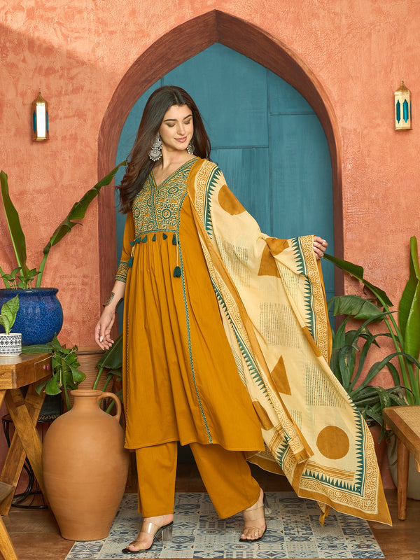 Stylum Women's Mustard Solid Cotton Straight Kurta Pant Dupatta Set (KPDMUSTPANNA)