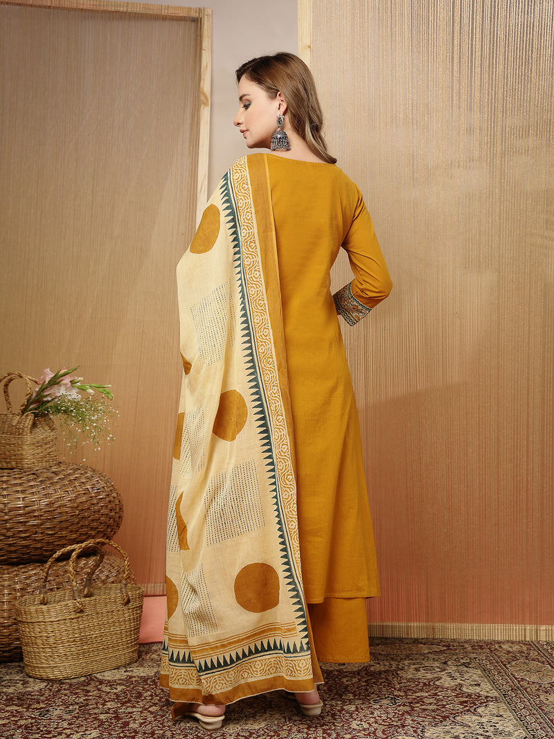 Stylum Women's Mustard Solid Cotton Straight Kurta Pant Dupatta Set (KPDMUSTPANNA)