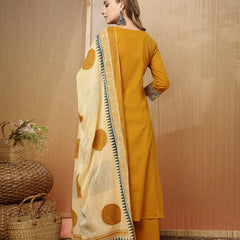 Stylum Women's Mustard Solid Cotton Straight Kurta Pant Dupatta Set (KPDMUSTPANNA)