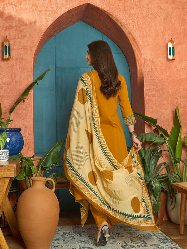 Stylum Women's Mustard Solid Cotton Straight Kurta Pant Dupatta Set (KPDMUSTPANNA)