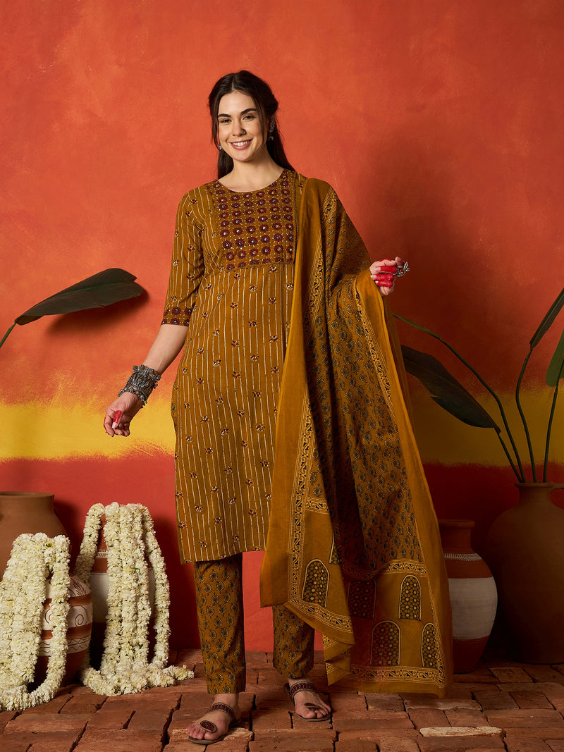 Stylum Women's Mustard Striped & Floral Printed Cotton Straight Kurta Pant Dupatta Set (KPDMUSTRUMALI)