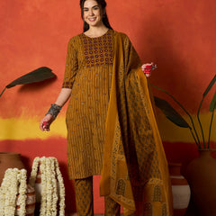 Stylum Women's Mustard Striped & Floral Printed Cotton Straight Kurta Pant Dupatta Set (KPDMUSTRUMALI)