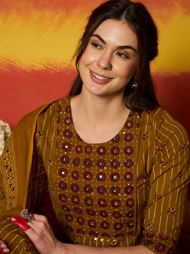Stylum Women's Mustard Striped & Floral Printed Cotton Straight Kurta Pant Dupatta Set (KPDMUSTRUMALI)