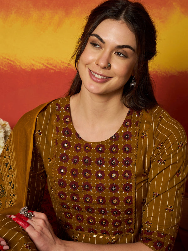 Stylum Women's Mustard Striped & Floral Printed Cotton Straight Kurta Pant Dupatta Set (KPDMUSTRUMALI)