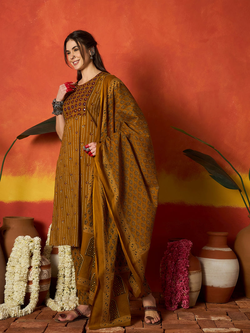 Stylum Women's Mustard Striped & Floral Printed Cotton Straight Kurta Pant Dupatta Set (KPDMUSTRUMALI)