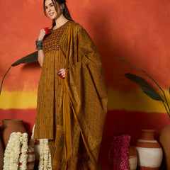 Stylum Women's Mustard Striped & Floral Printed Cotton Straight Kurta Pant Dupatta Set (KPDMUSTRUMALI)