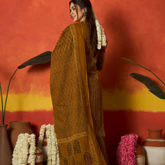 Stylum Women's Mustard Striped & Floral Printed Cotton Straight Kurta Pant Dupatta Set (KPDMUSTRUMALI)