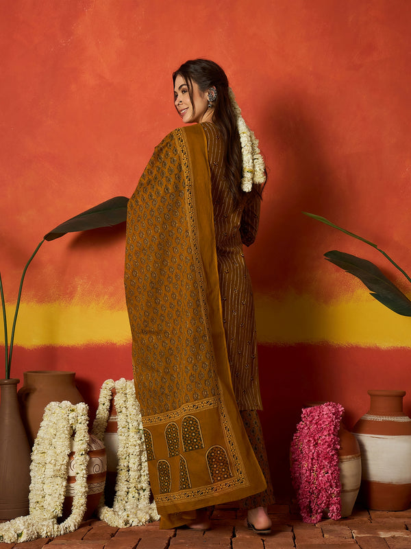 Stylum Women's Mustard Striped & Floral Printed Cotton Straight Kurta Pant Dupatta Set (KPDMUSTRUMALI)