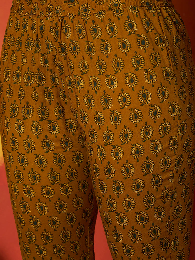Stylum Women's Mustard Striped & Floral Printed Cotton Straight Kurta Pant Dupatta Set (KPDMUSTRUMALI)