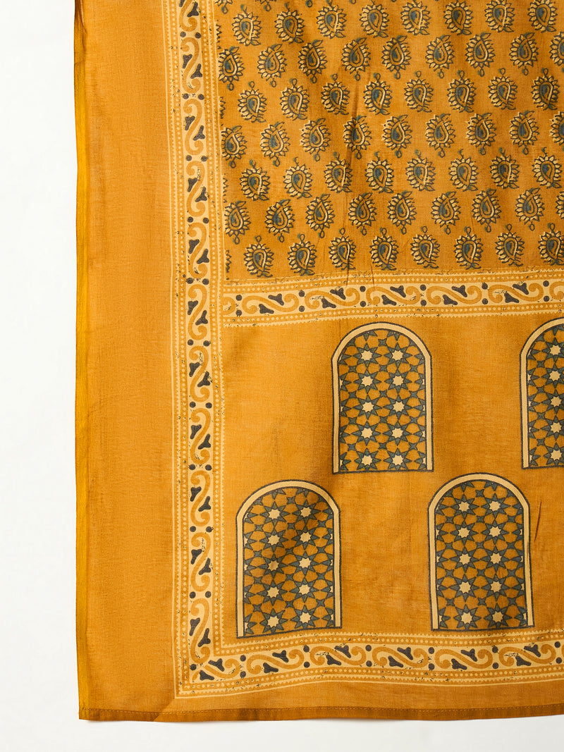 Stylum Women's Mustard Striped & Floral Printed Cotton Straight Kurta Pant Dupatta Set (KPDMUSTRUMALI)