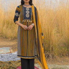Stylum Women's Mustard Striped Printed Cotton Straight Kurta Pant Dupatta Set (KPDMUSTULTRA)