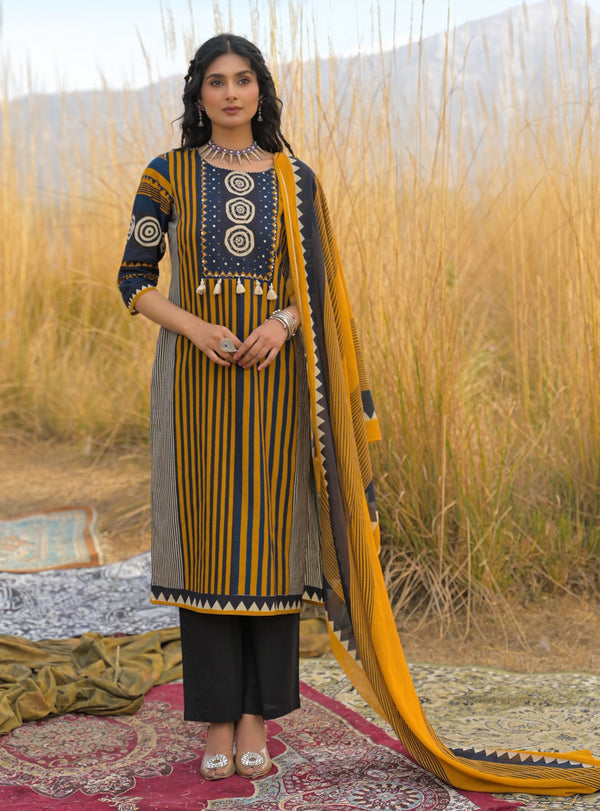 Stylum Women's Mustard Striped Printed Cotton Straight Kurta Pant Dupatta Set (KPDMUSTULTRA)