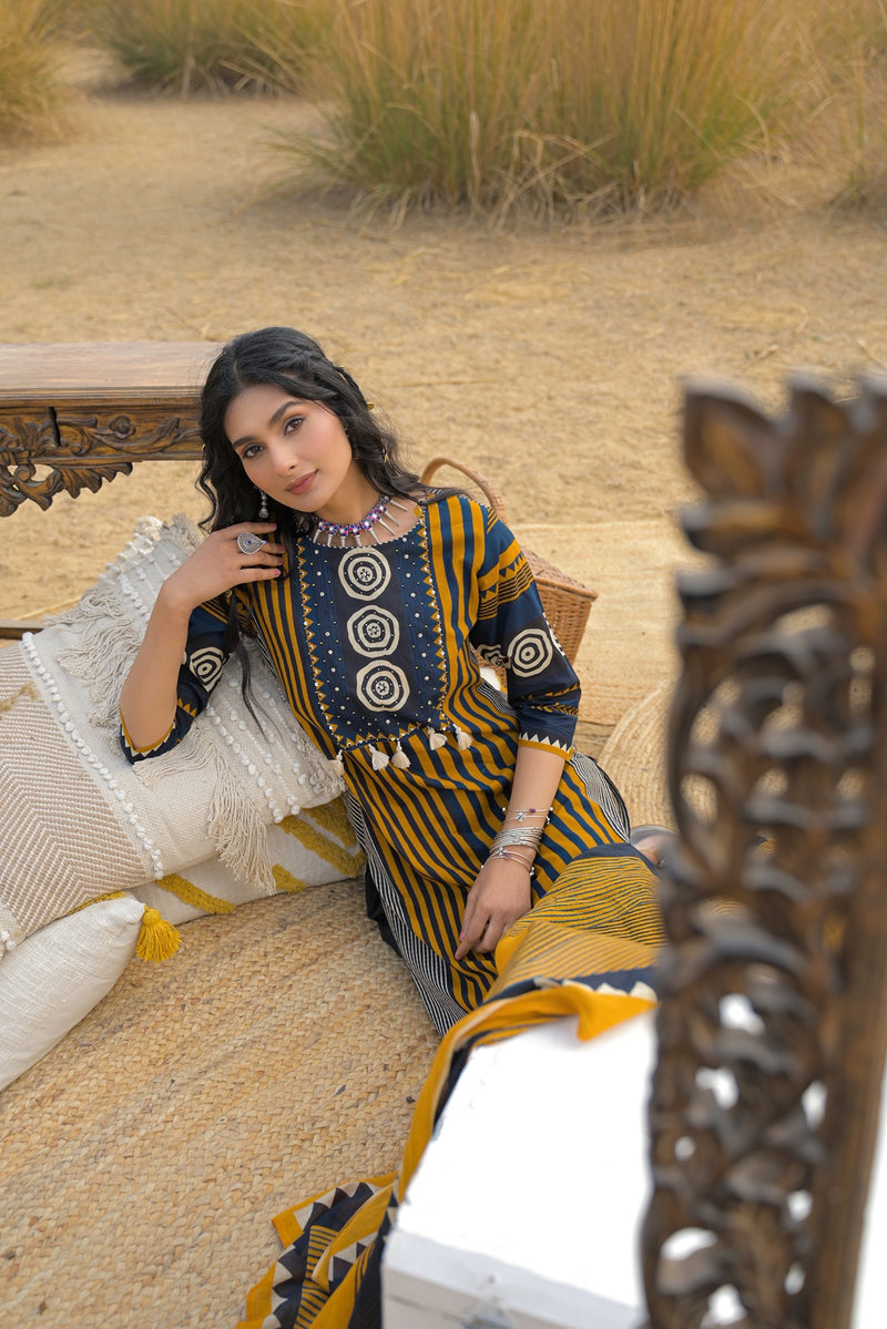 Stylum Women's Mustard Striped Printed Cotton Straight Kurta Pant Dupatta Set (KPDMUSTULTRA)