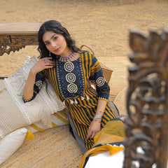 Stylum Women's Mustard Striped Printed Cotton Straight Kurta Pant Dupatta Set (KPDMUSTULTRA)