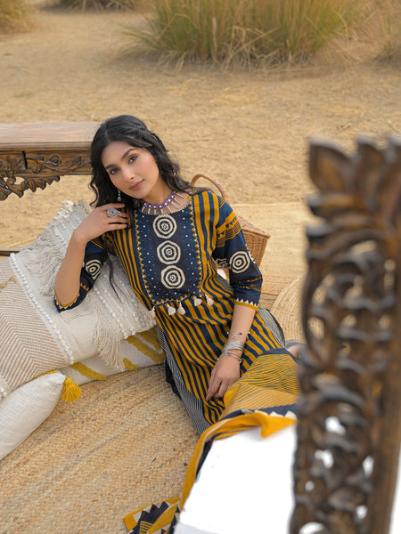 Stylum Women's Mustard Striped Printed Cotton Straight Kurta Pant Dupatta Set (KPDMUSTULTRA)