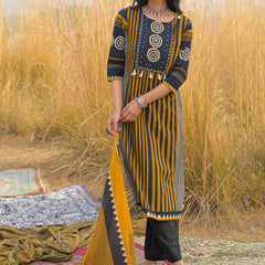 Stylum Women's Mustard Striped Printed Cotton Straight Kurta Pant Dupatta Set (KPDMUSTULTRA)