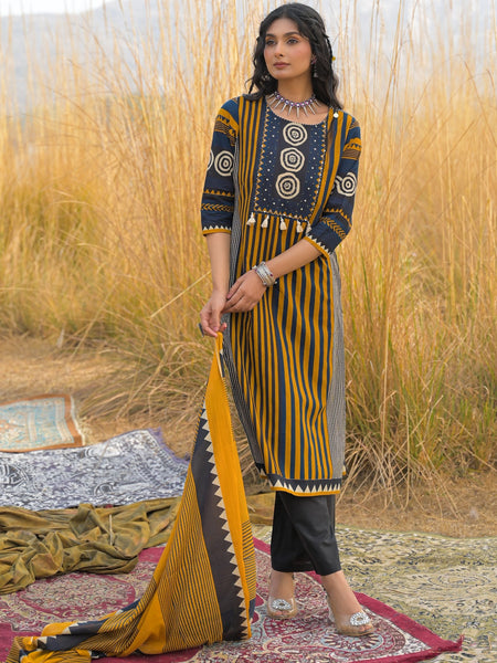 Stylum Women's Mustard Striped Printed Cotton Straight Kurta Pant Dupatta Set (KPDMUSTULTRA)