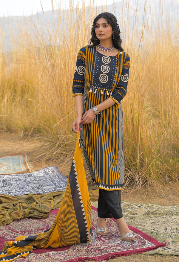 Stylum Women's Mustard Striped Printed Cotton Straight Kurta Pant Dupatta Set (KPDMUSTULTRA)