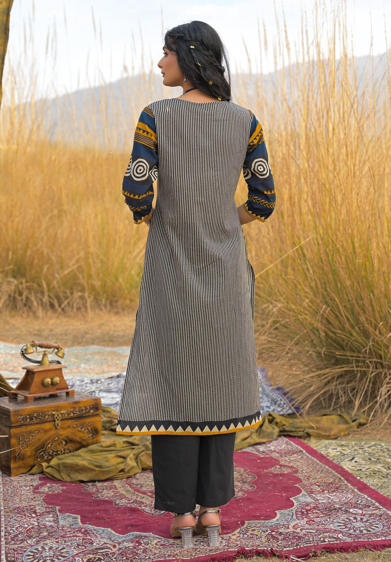 Stylum Women's Mustard Striped Printed Cotton Straight Kurta Pant Dupatta Set (KPDMUSTULTRA)