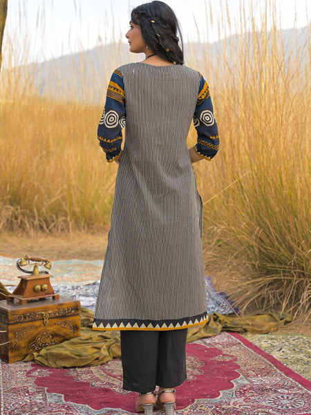 Stylum Women's Mustard Striped Printed Cotton Straight Kurta Pant Dupatta Set (KPDMUSTULTRA)