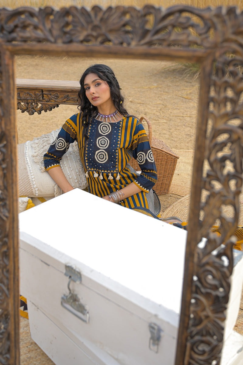 Stylum Women's Mustard Striped Printed Cotton Straight Kurta Pant Dupatta Set (KPDMUSTULTRA)