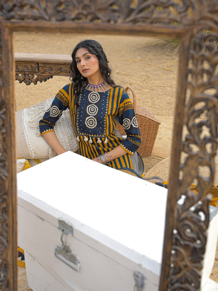 Stylum Women's Mustard Striped Printed Cotton Straight Kurta Pant Dupatta Set (KPDMUSTULTRA)