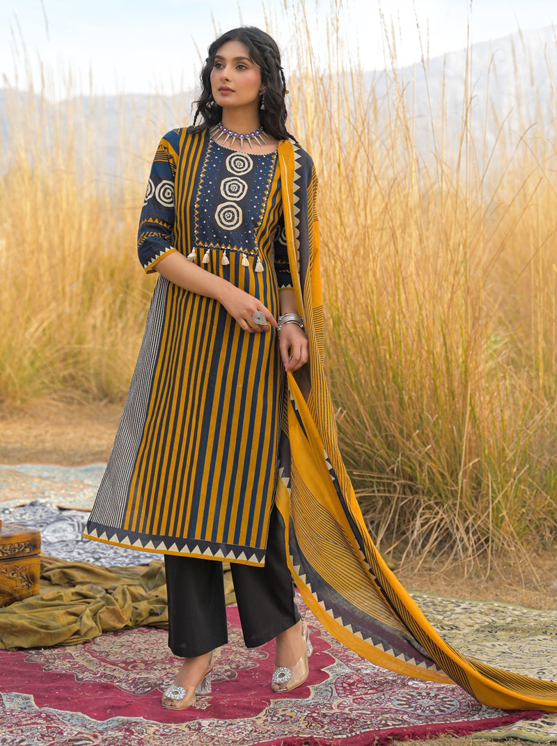 Stylum Women's Mustard Striped Printed Cotton Straight Kurta Pant Dupatta Set (KPDMUSTULTRA)