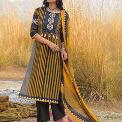 Stylum Women's Mustard Striped Printed Cotton Straight Kurta Pant Dupatta Set (KPDMUSTULTRA)